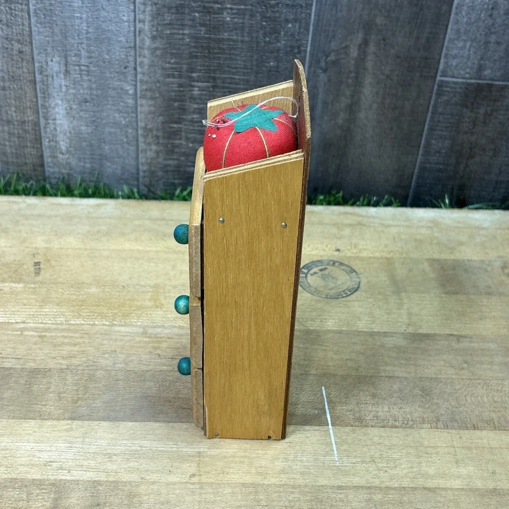 Vintage Wooden Sewing Caddy 3 Drawer Organizer Tomato Pincushion Retro